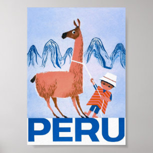 Peru e Llama - Poster de Viagens vintage