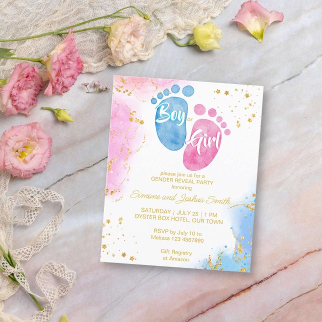 Pés-bebês rosa azul gênero revela convite para orç (Baby feet gender reveal budget invitation pink and blue boy or girl affordable gender reveal invite)
