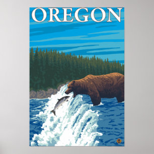 Pesca do urso no poster das viagens vintage do rio