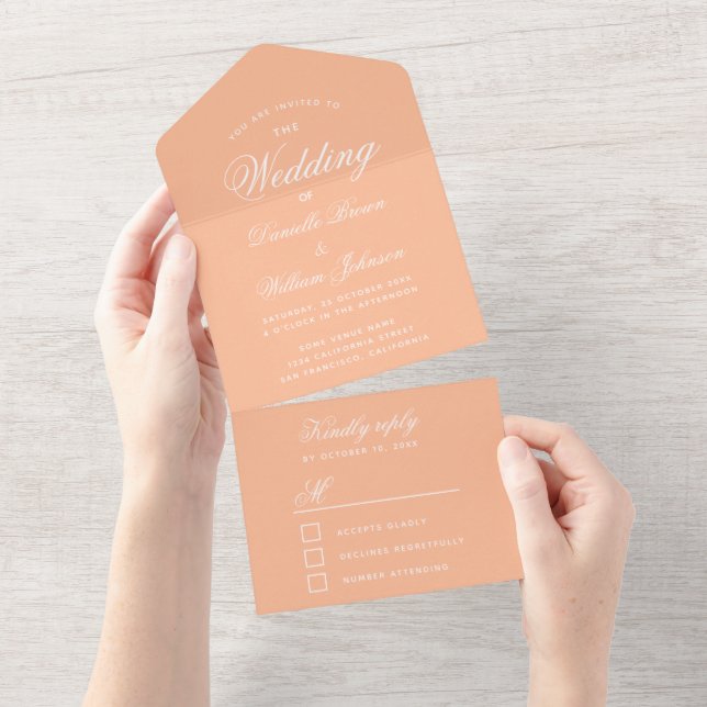Pêssego Casamento Elegante Script Moderno RSVP (Aba destacável)