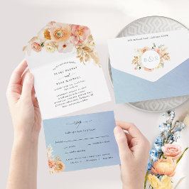 Pêssego Elegante e Casamento Floral Azul com RSVP 