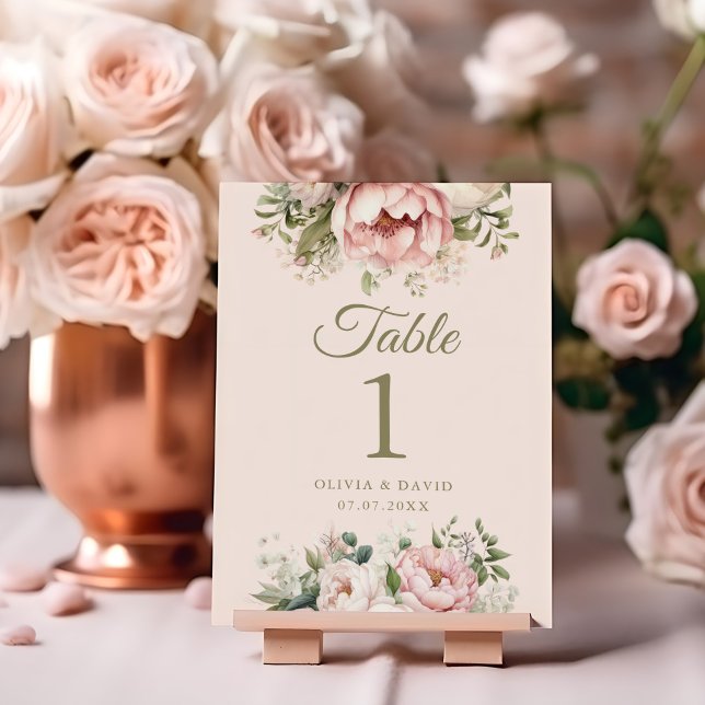 Pêssego pálido e Número de Tabela de Casamento Ros (Pale Peach and Blush Pink Wedding Table Number on blush and copper wedding table.)