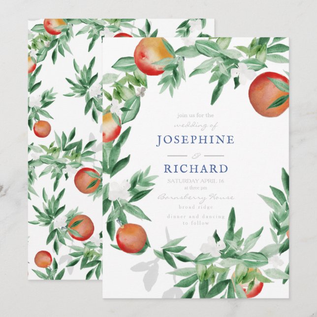 Pêssegos, design de aquarela, para convite de casa (Frente/Verso)