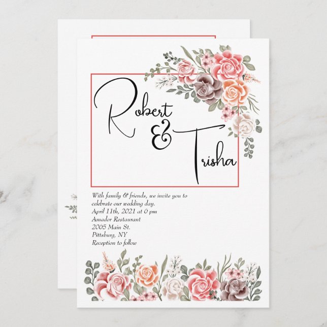 Pêssegos e Cream casal de convite para casamento (Frente/Verso)