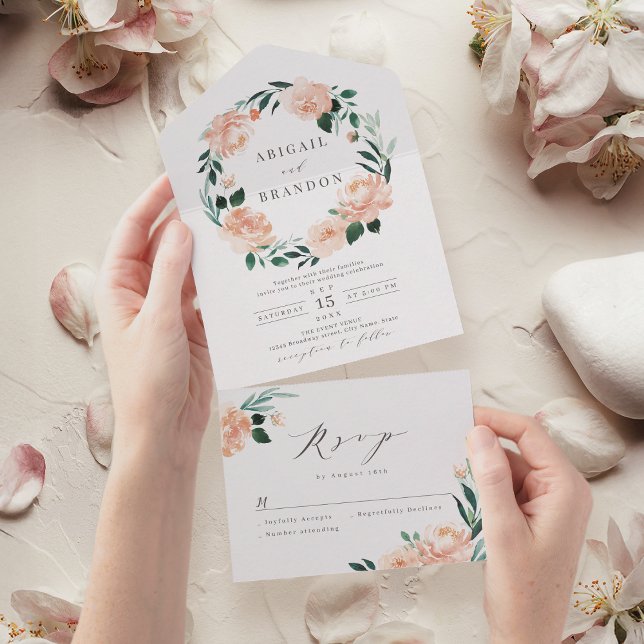 Pessegueiro de jardim romântico casamento floral e (Romantic garden peach floral wreath wedding all in all in one invitation)