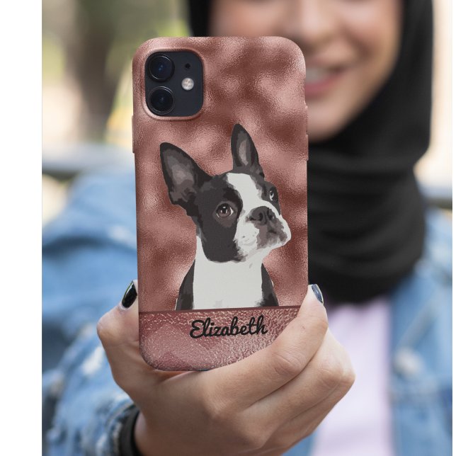 Pet Cachorro de Rosa cor-de-rosa Dourada de Boston (Adorable Boston Terrier Phone Case.)