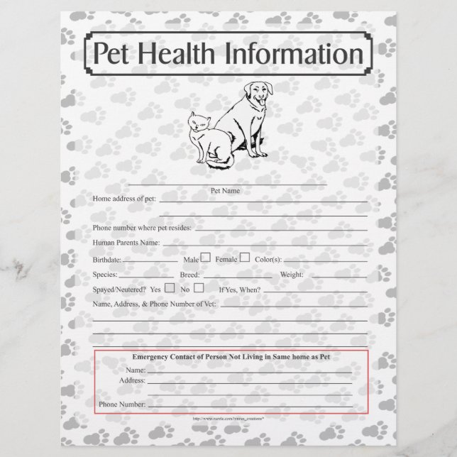 Pet Health Information Sheet, página 1 (Frente)