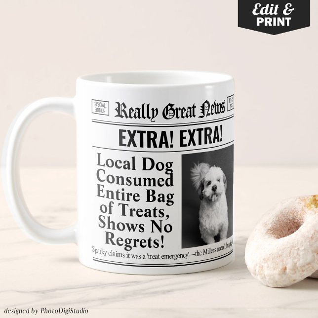 Pet Mug Personalizado Engraçado, Caneca Editável (Editable Funny Gift for Pet Owner, Personalized Mug Newspaper Mug with Pet Photo)