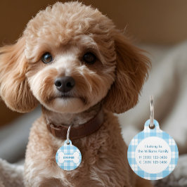 Pet Tag Blue White Plaid Pattern Name Bone 