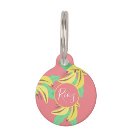 Pet Tag Padrão de Folhagem de Banana Rosa Verde