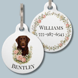 Pet Tag Retrato Floral de Labrador Chocolate