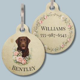 Pet Tag Retrato Floral de Labrador Chocolate