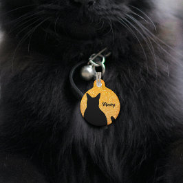 Pet Tag Silhute de gato preto sobre um brilho laranja fest