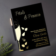 Petais e Convite Elegante Dourado Preto Prosecco