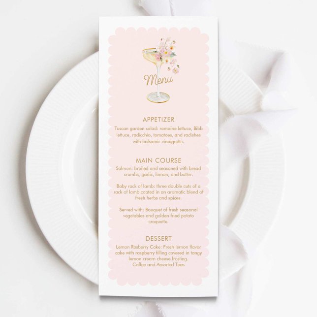 Petais Elegantes e Menu de Chá de panela Prosecco (Pink Petals and Prosecco Menu Card)