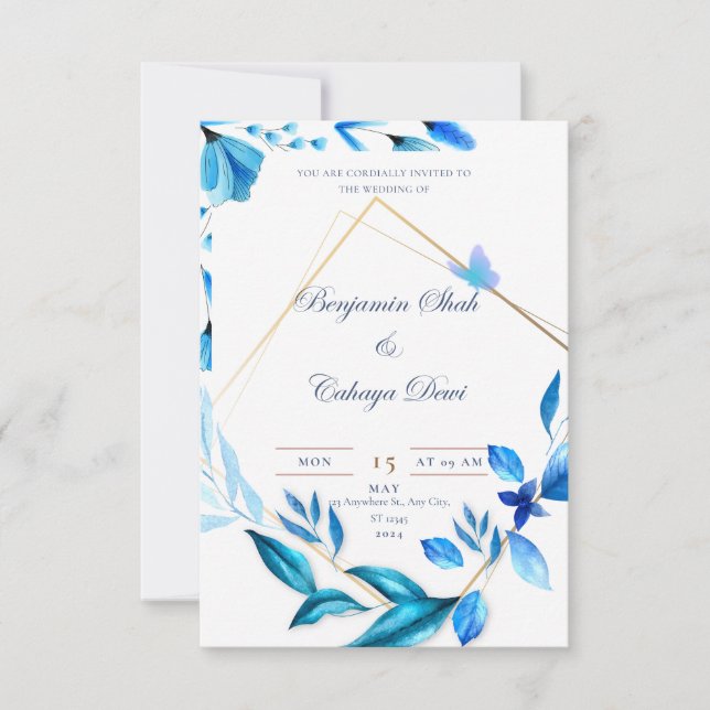 pétala azul-bebê e convite simples para casamento  (Frente)