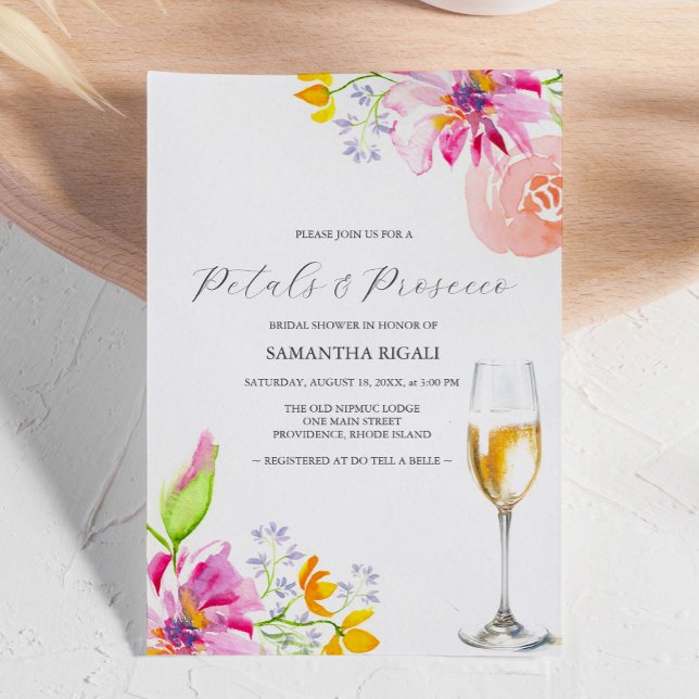 Pétalas e Convites de Chá de Noiva Rosa Prosecco (bridal shower invitations pink floral watercolor art petals and Prosecco by Victoria Grigaliunas)