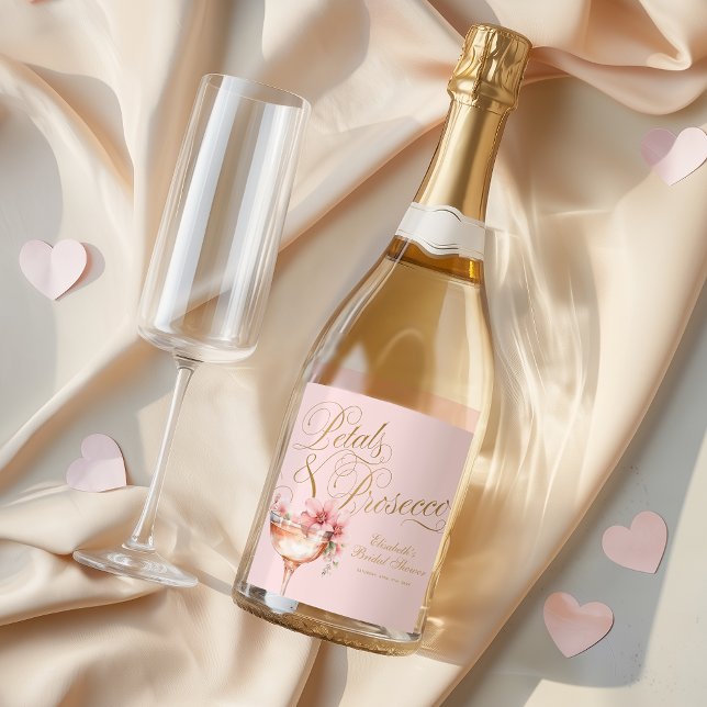 Pétalas Florais de Ouro Rosa e Chá de Noiva com Pr (Pink-Gold-Floral-Petals-and-Prosecco-Bridal-Shower-Sparkling-Wine-Label)