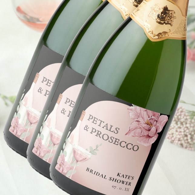 Petals & Prosecco - Chá de panela Dourado e Rosa (Petals & Prosecco Black & Rose Gold Bridal Shower Sparkling Wine Label
)