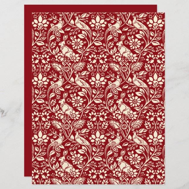 Pheasant and Hare Patterno, Deep Red and Cream (Frente/Verso)