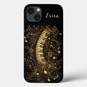 Piano Artístico Dourado e Notas Musicais