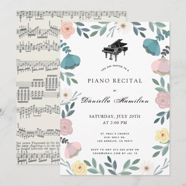 Piano Branco Floral Convite (Frente/Verso)