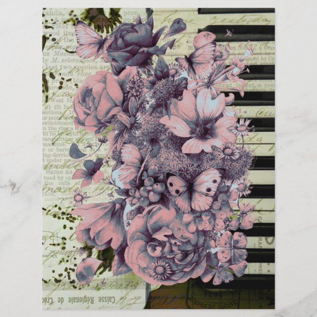 piano e flores em papel antigo (Frente)
