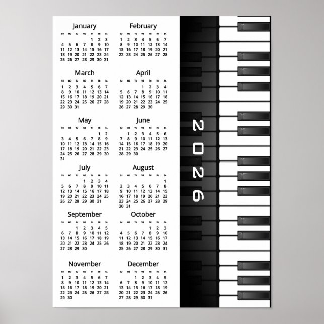 Piano Keyboard Design 2026 Wall Calendar Poster (Frente)
