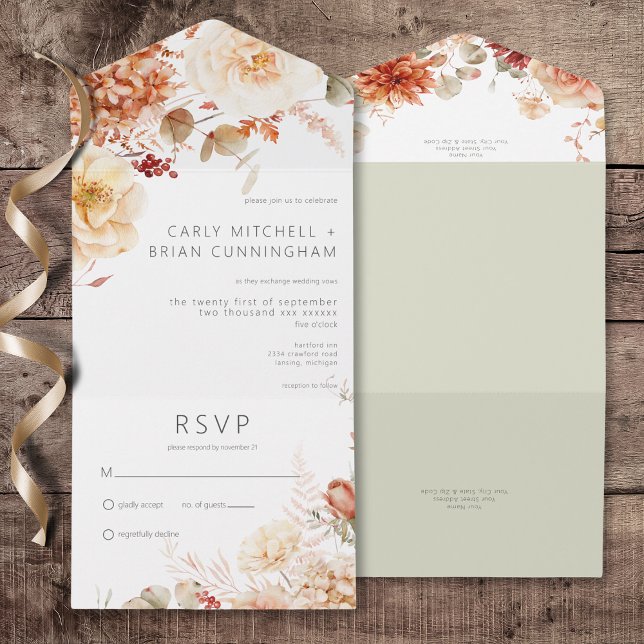 Picada Queda Rust & Blush Boho Floral Sem Janto (Spicy Fall Rust & Blush Boho Floral All In One Wedding Invitation without Dinner Options)