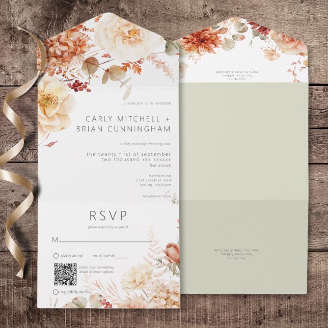 Picar Queda Rust e Blush Boho Floral Código QR (Spicy Fall Rust & Blush Boho Floral All In One Wedding Invitation with QR Code)