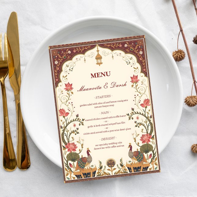 Pichwai Indian Lotus Peacock Wedding Menu (Criador carregado)