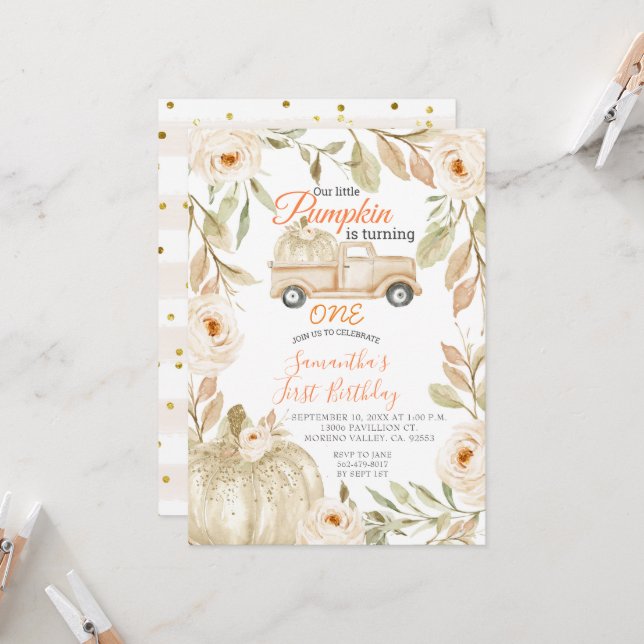 Pickup Truck Pumpkin Terceiro Convite de Aniversár (Frente/Verso In Situ)