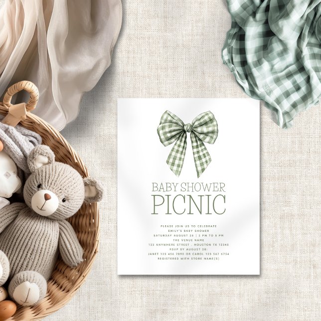 Picnic de Chá de fraldas de Arco Gingham Sage Orça (Budget priced smaller 4.5 x 5.6" invite)