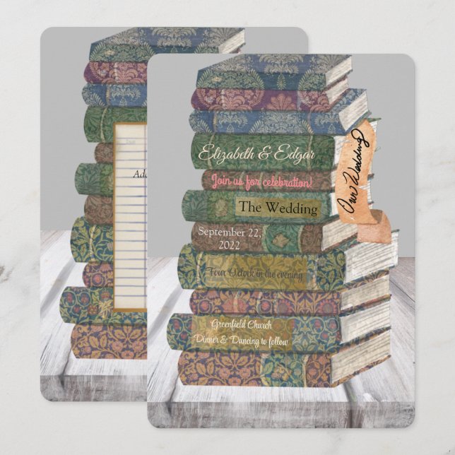 Pilha de livros de vinheta Convites de Casamento P (Frente/Verso)