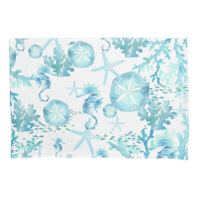 Pillowcase Teal Blue Seacavalo Sanddólar Seashell (Frente)