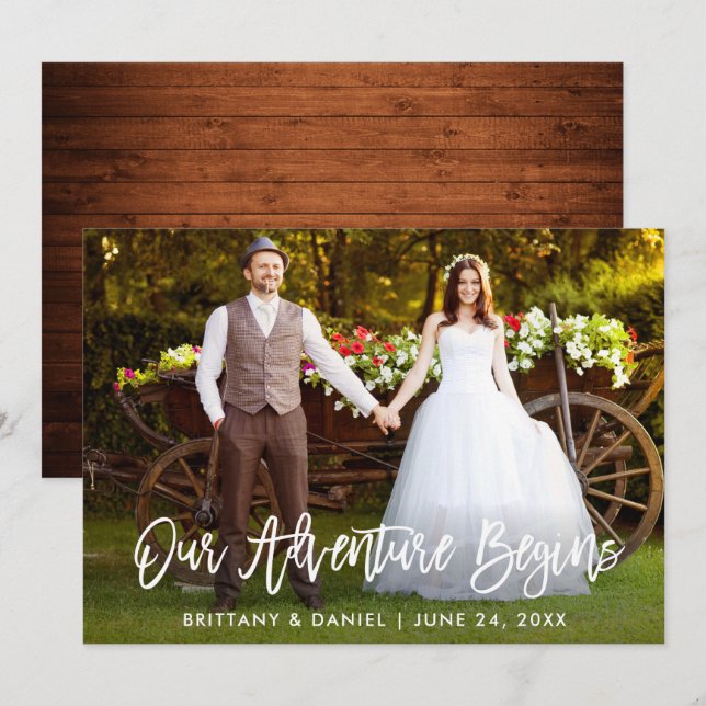 Pincel Script Wood Nossa Aventura Começa Cartão (Frente/Verso)