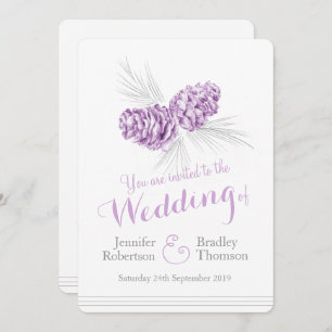 Pine cones, cinzas roxas, convites para casamento