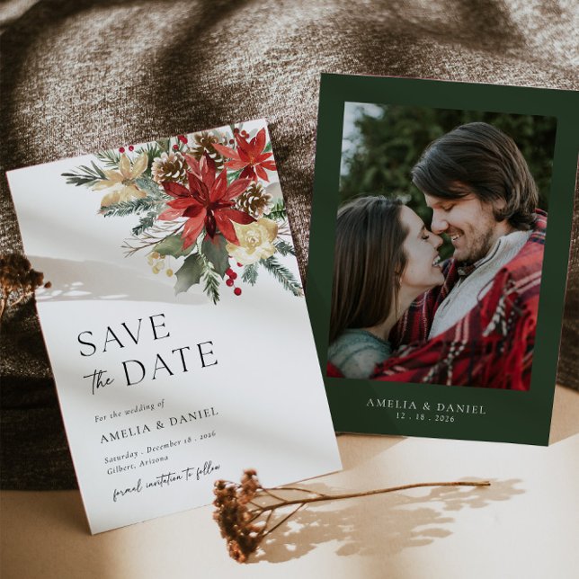Pine Floral de Natal Salve O Convite De Data (Save The Date Invitation Front/Back)