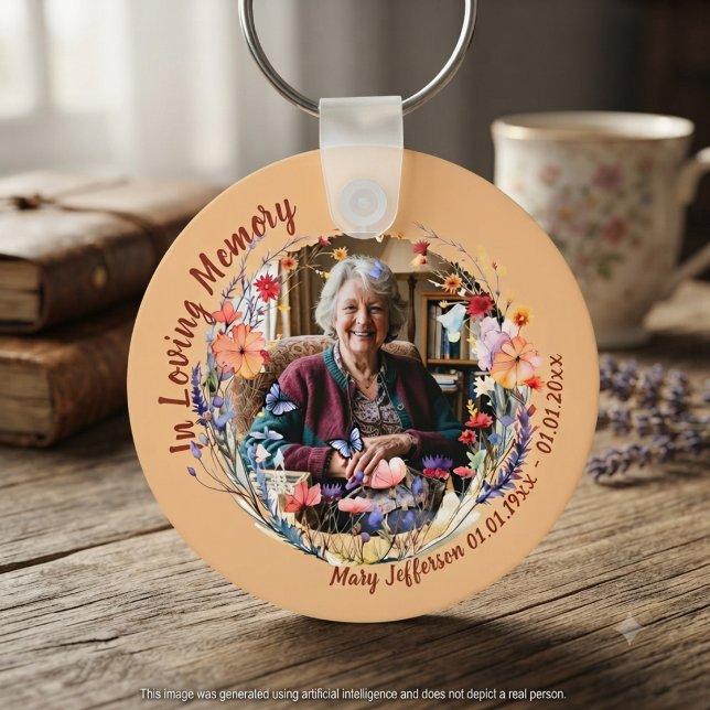Pingente com chaveiro de foto memorial botânico de (Vibrant wildflower photo keychain for a grieving family at a spring celebration of life.)