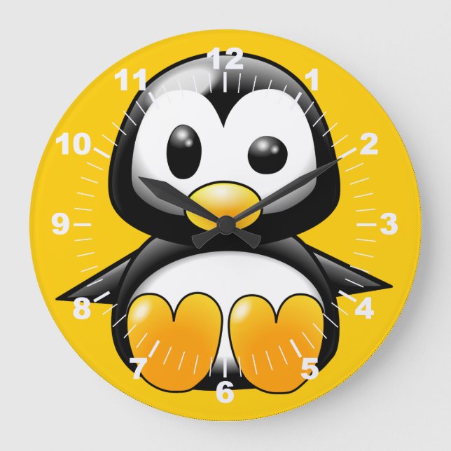 Pinguim bonito no relógio de parede amarelo (Frente)