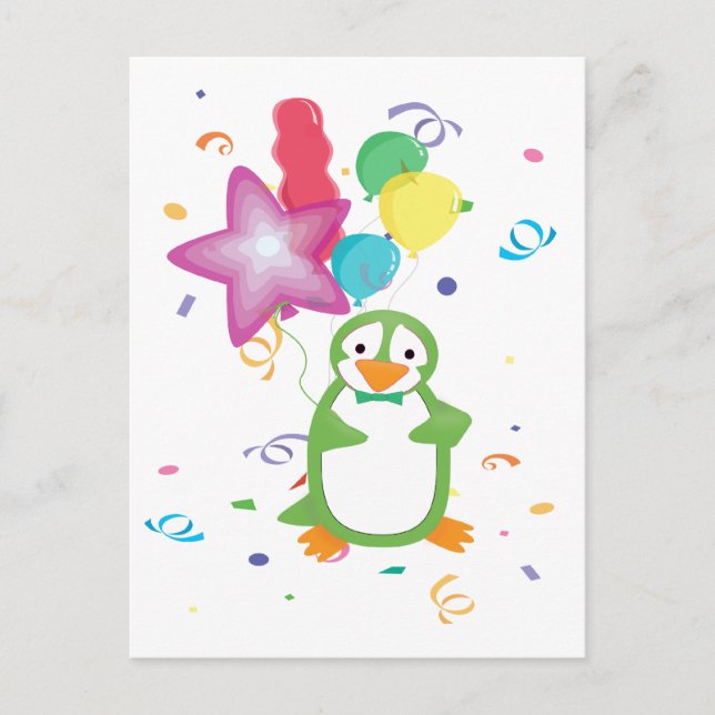Pinguim de aniversário verde com cartão postal de  (Frente)
