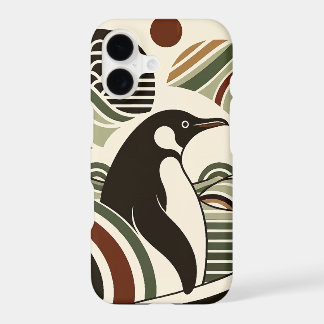 Pinguim Ondas Verde Oliva Creme Marrom em Art Déco