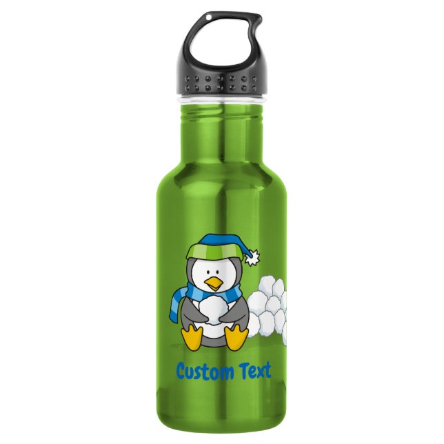 Pinguim pequeno sentado com garrafa de água de bol (Frente)