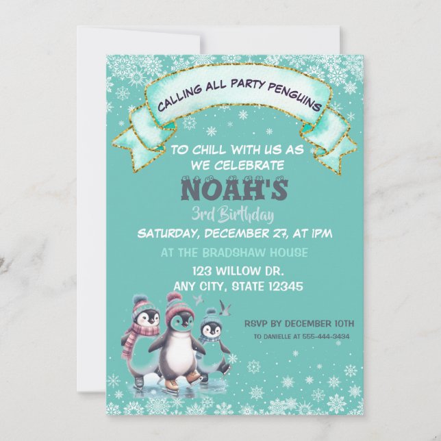 Pinguim Pinguim Flocos de Neve, Convite de Anivers (Frente)