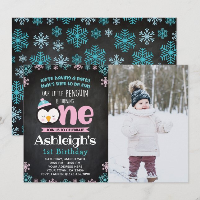 Pinguim Primeiro Convite de Aniversário com Foto (Frente/Verso)