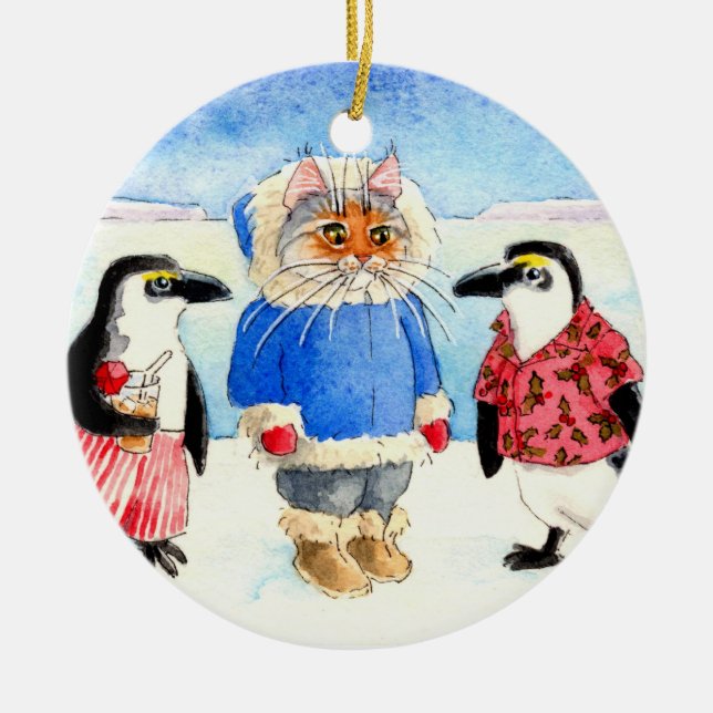Pinguins e enfeites de natal do gato (Frente)