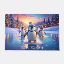 Pinguins Fofos de Chapéus de Inverno no Tapete de