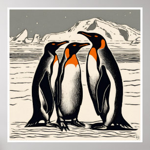 Pinguins - Impressão de Woodblock de arquivamento