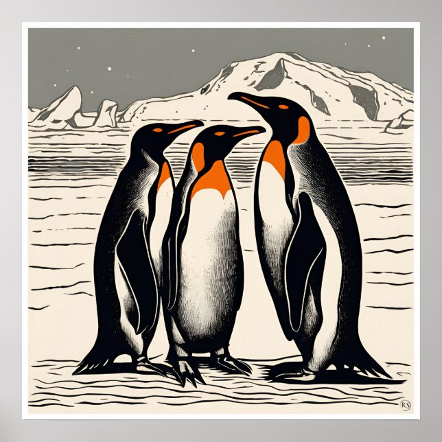 Pinguins - Impressão de Woodblock de arquivamento (Frente)