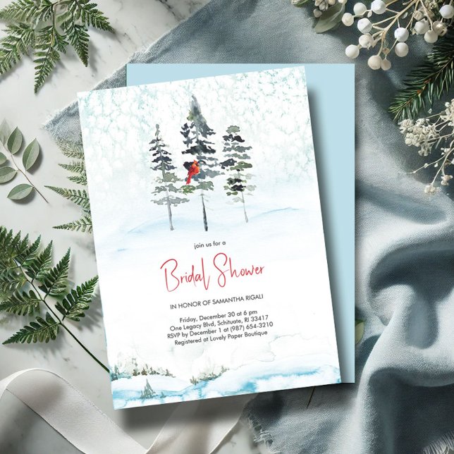 Pinhos de Aquarela Convites de chá de panela de in (winter wonderland bridal shower invitations watercolor pine trees forest)